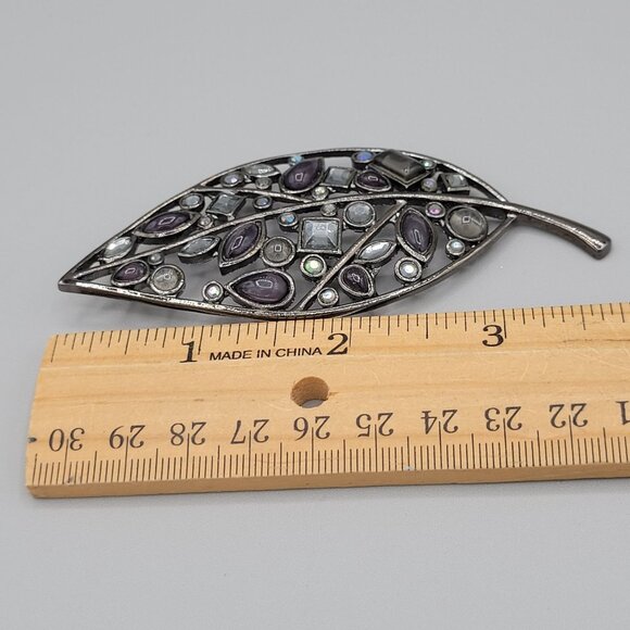 Vintage Laila Rowe Large Leaf Shaped Brooch Gunmetal Black Rhinestones - Picture 6 of 7